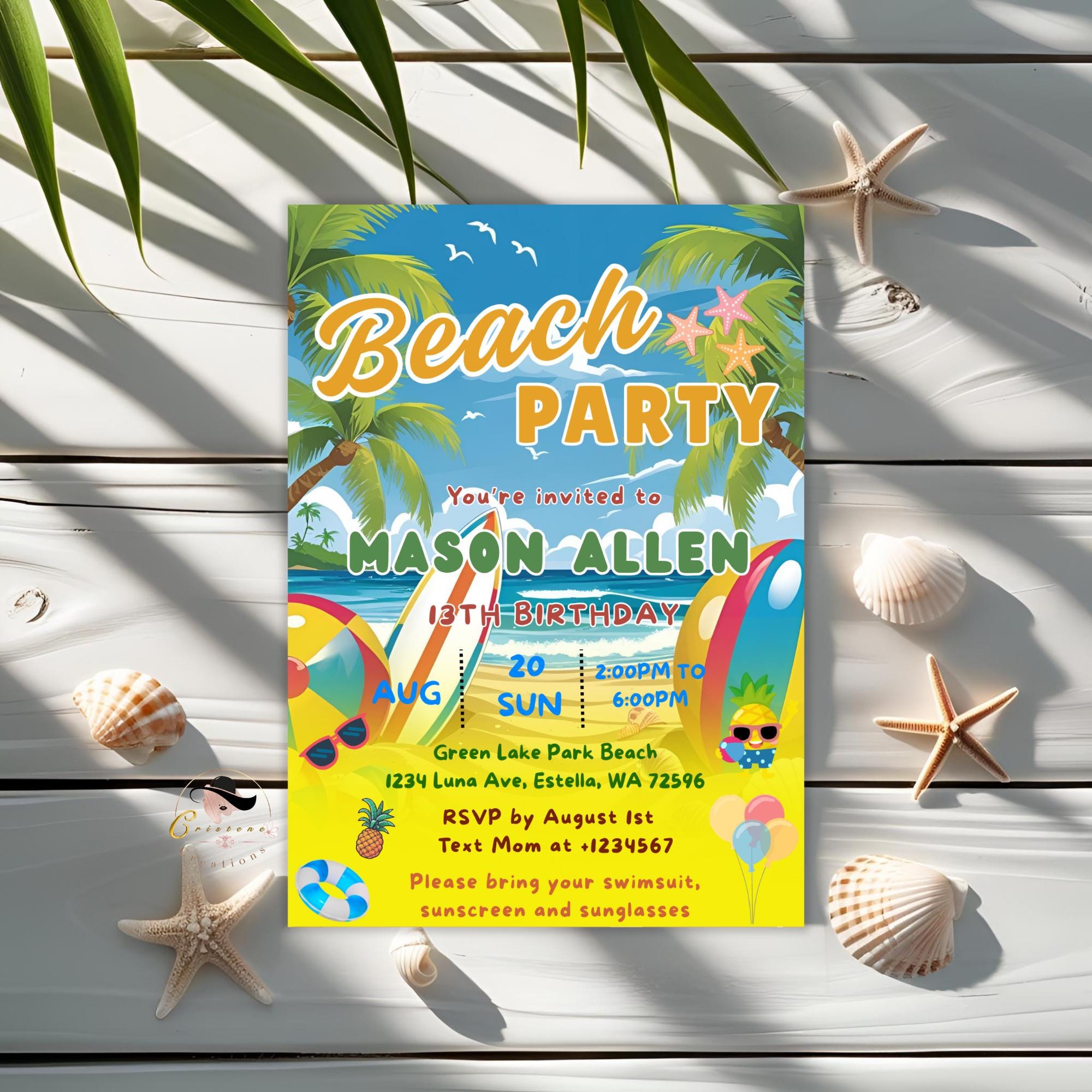 Editable Beach birthday invitation boy Beach themed party Surfs up birthday invite Kids summer birthday card Aloha tropical party invitation