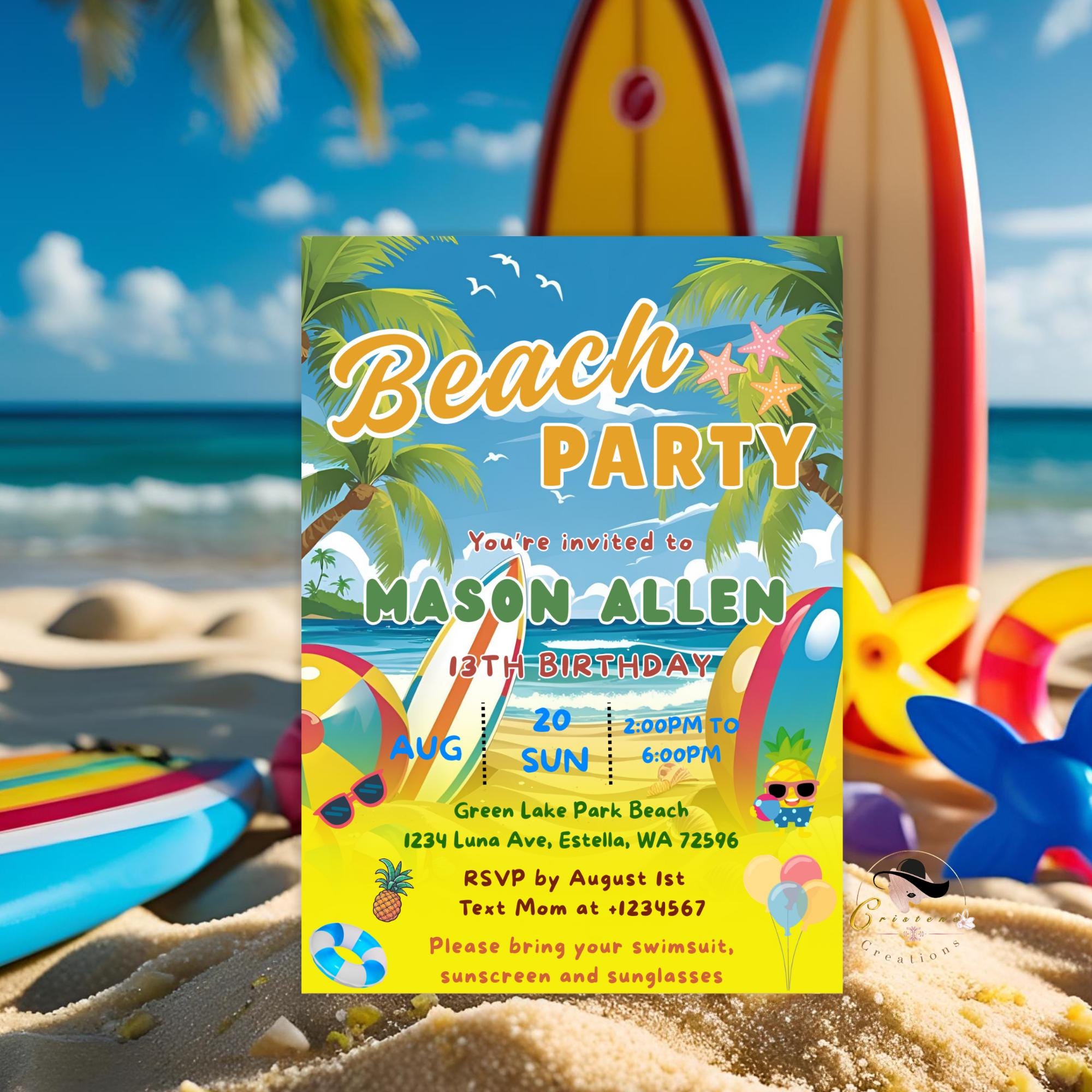 Editable Beach birthday invitation boy Beach themed party Surfs up birthday invite Kids summer birthday card Aloha tropical party invitation