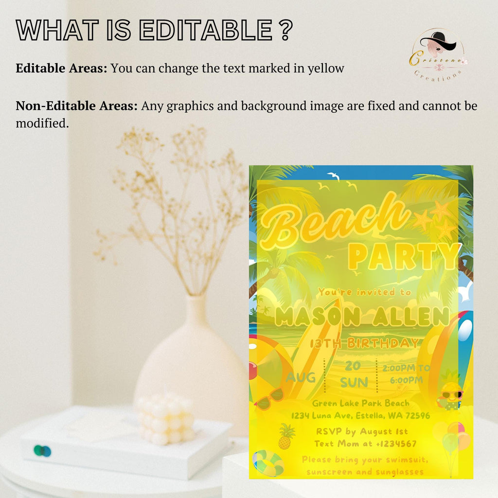 Editable Beach birthday invitation boy Beach themed party Surfs up birthday invite Kids summer birthday card Aloha tropical party invitation