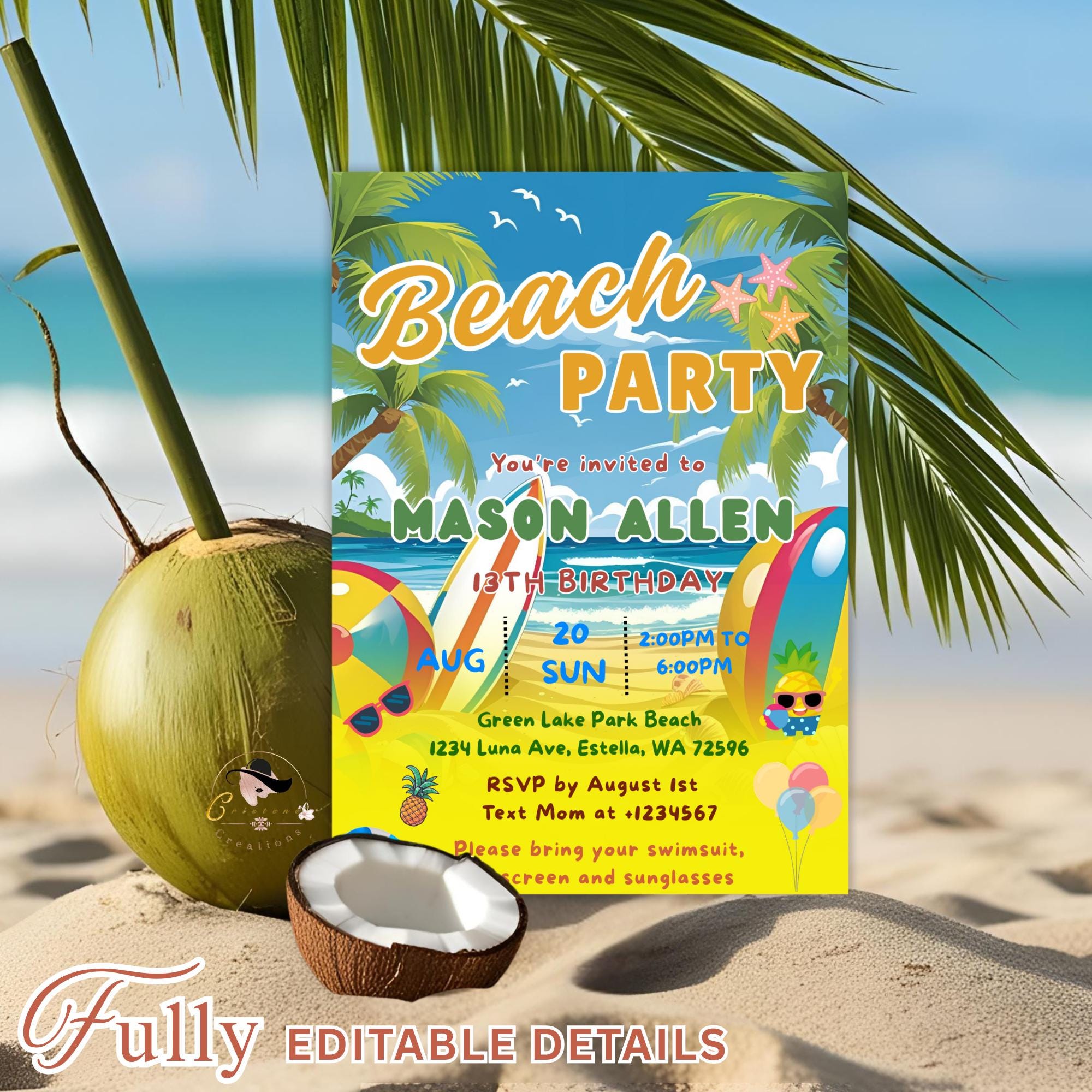 Editable Beach birthday invitation boy Beach themed party Surfs up birthday invite Kids summer birthday card Aloha tropical party invitation