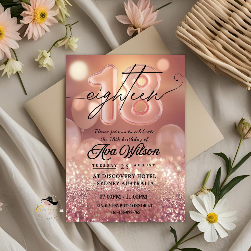 Digital 18th Birthday invitation Pink rose gold 18th birthday dinner invite, Girl 18th debutante invitation card printable Editable template