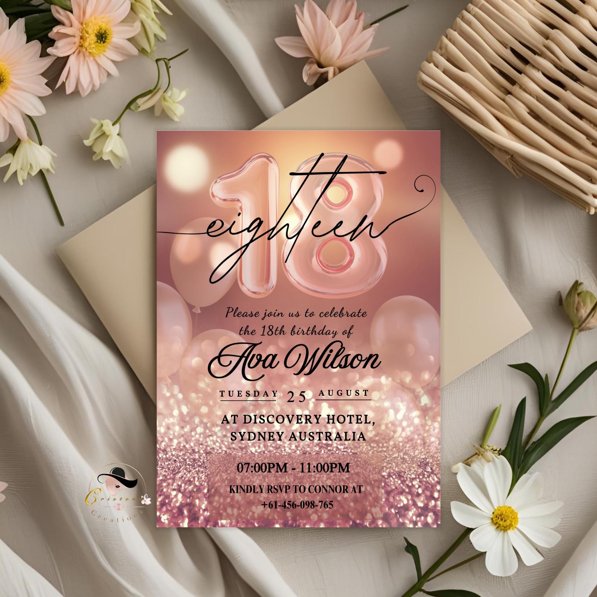 Digital 18th Birthday invitation Pink rose gold 18th birthday dinner invite, Girl 18th debutante invitation card printable Editable template