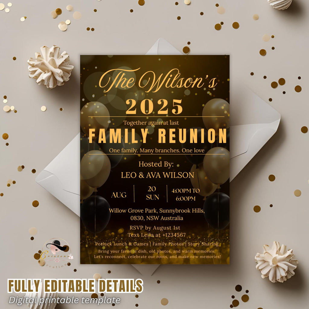 Editable Family Reunion invitation Black gold Family get together party Family gathering invite Family BBQ cookout flyer Printable template
