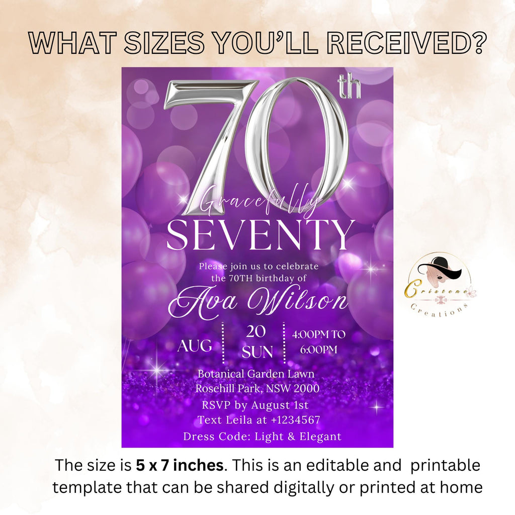 Digital 70th Birthday invitation Purple 70th birthday dinner, Seventieth printable cards Elegant party invite, Seventy and fabulous template