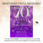 Digital 70th Birthday invitation Purple 70th birthday dinner, Seventieth printable cards Elegant party invite, Seventy and fabulous template