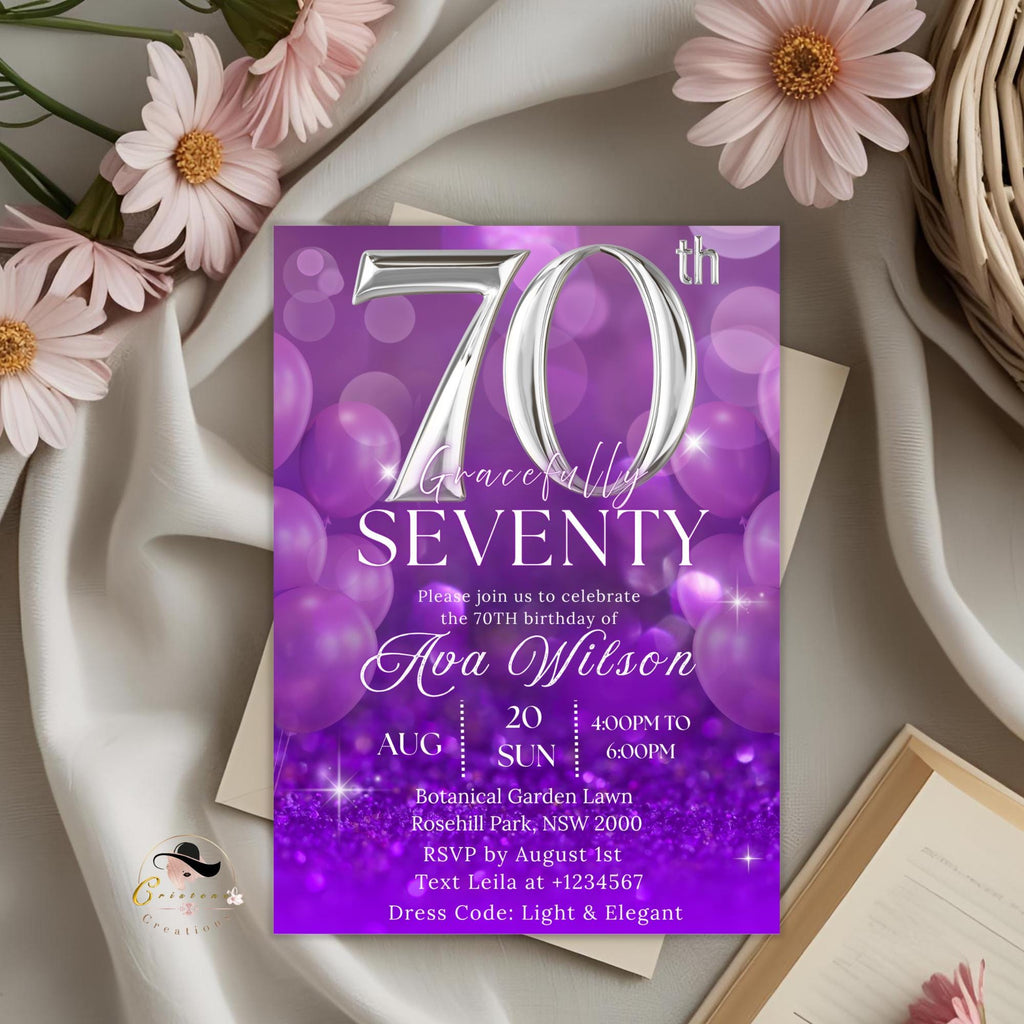 Digital 70th Birthday invitation Purple 70th birthday dinner, Seventieth printable cards Elegant party invite, Seventy and fabulous template
