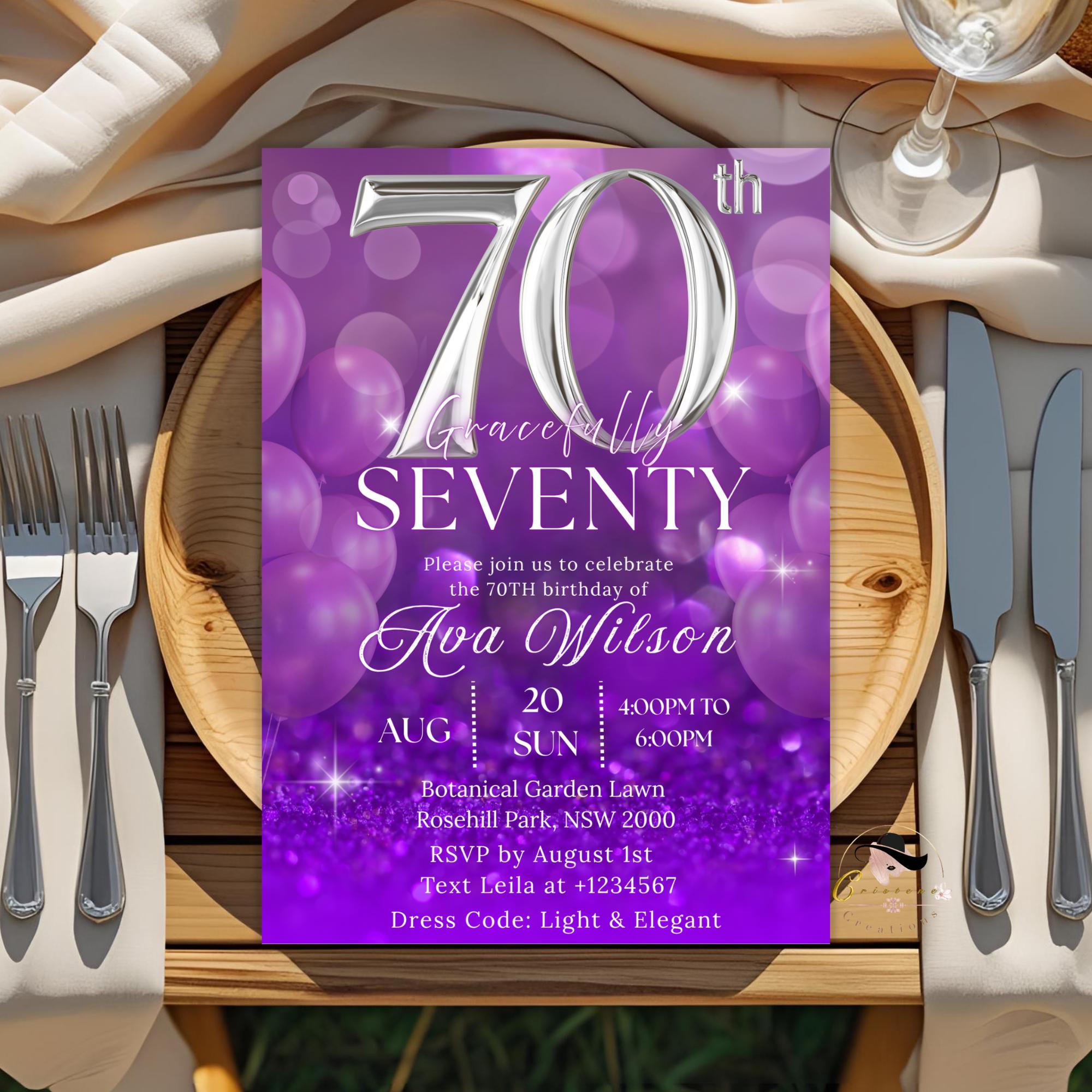 Digital 70th Birthday invitation Purple 70th birthday dinner, Seventieth printable cards Elegant party invite, Seventy and fabulous template