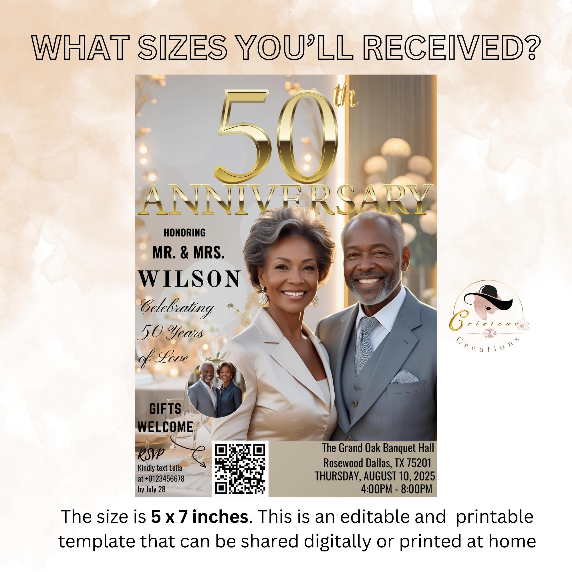 Digital 50th Anniversary invitation White gold Wedding Anniversary dinner party with photo invite 50 Years together card Printable template