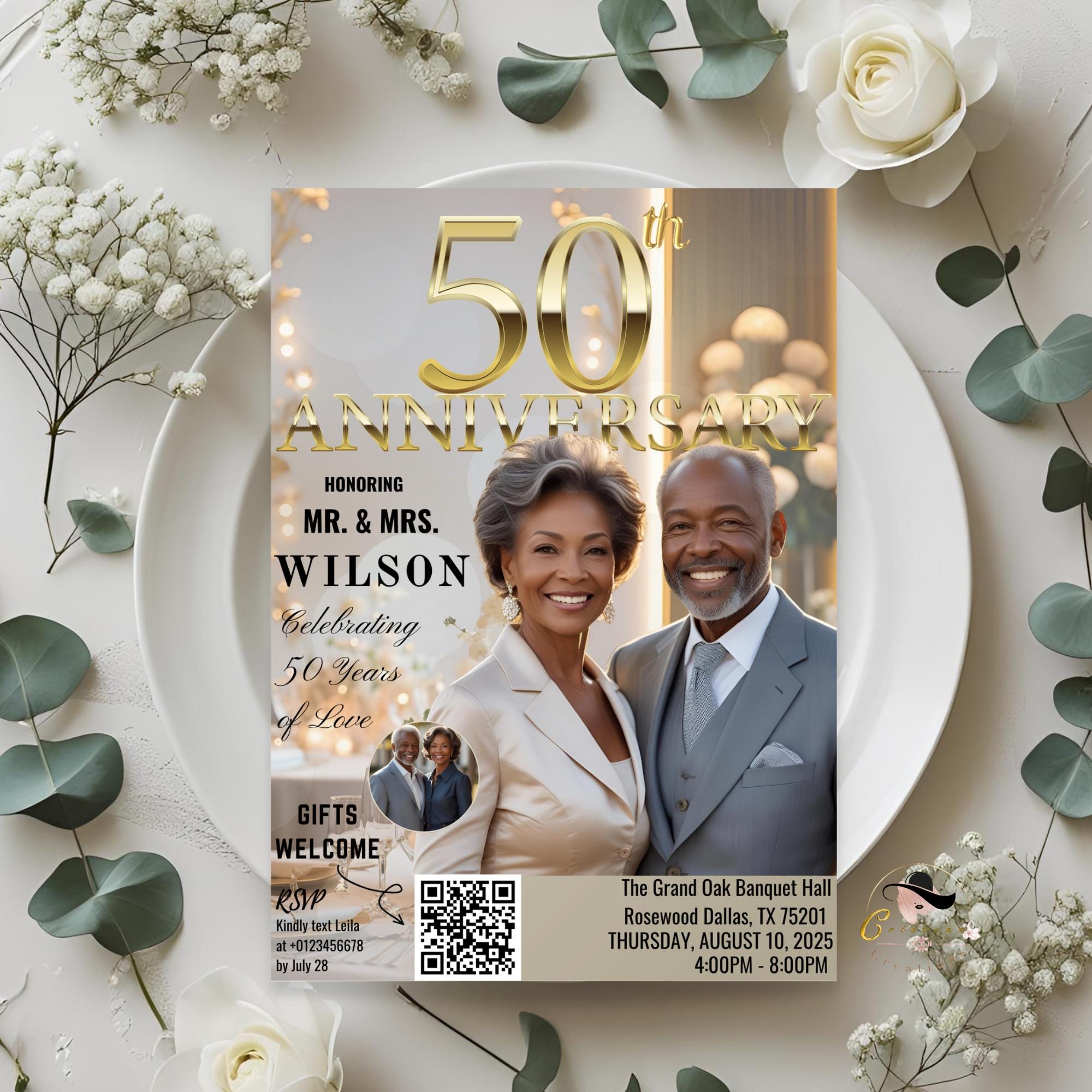 Digital 50th Anniversary invitation White gold Wedding Anniversary dinner party with photo invite 50 Years together card Printable template
