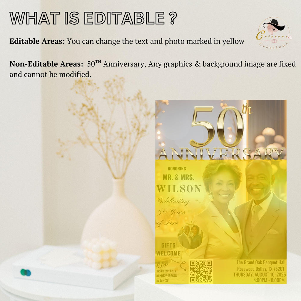 Digital 50th Anniversary invitation White gold Wedding Anniversary dinner party with photo invite 50 Years together card Printable template