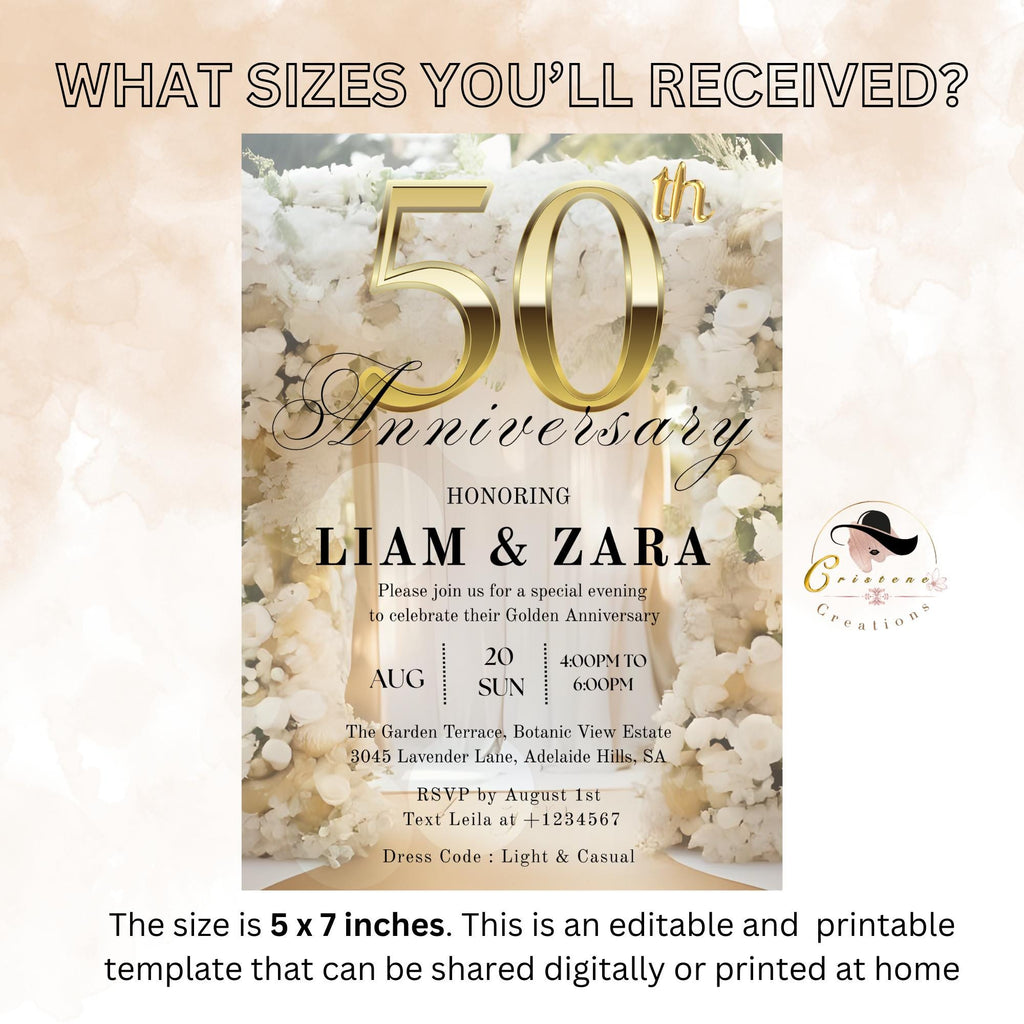 Editable 50th Anniversary Invitation Golden Wedding Anniversary party invite Digital 50th Birthday Dinner card Printable Floral Template