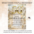 Editable 50th Anniversary Invitation Golden Wedding Anniversary party invite Digital 50th Birthday Dinner card Printable Floral Template
