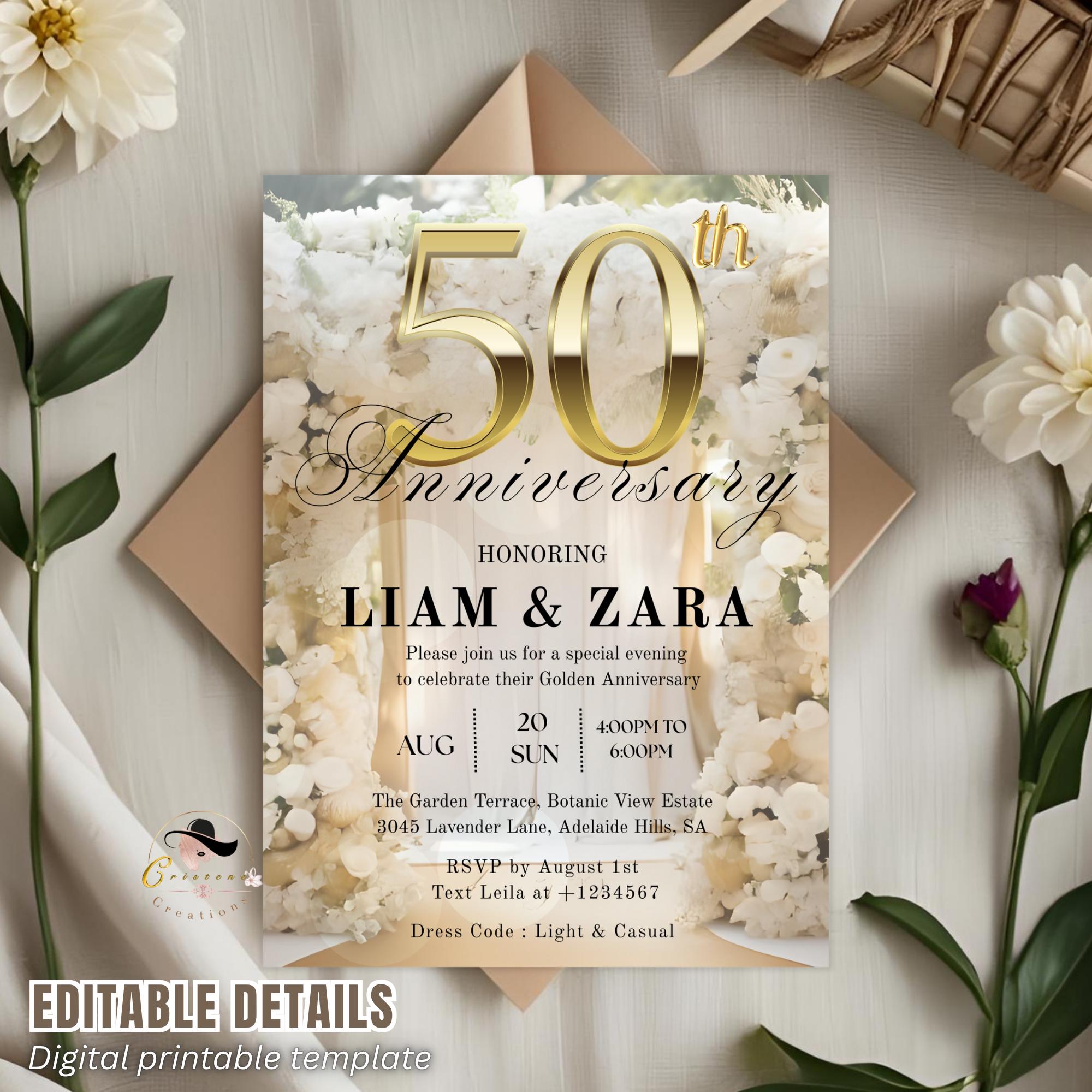 Editable 50th Anniversary Invitation Golden Wedding Anniversary party invite Digital 50th Birthday Dinner card Printable Floral Template