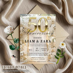 Editable 50th Anniversary Invitation Golden Wedding Anniversary party invite Digital 50th Birthday Dinner card Printable Floral Template