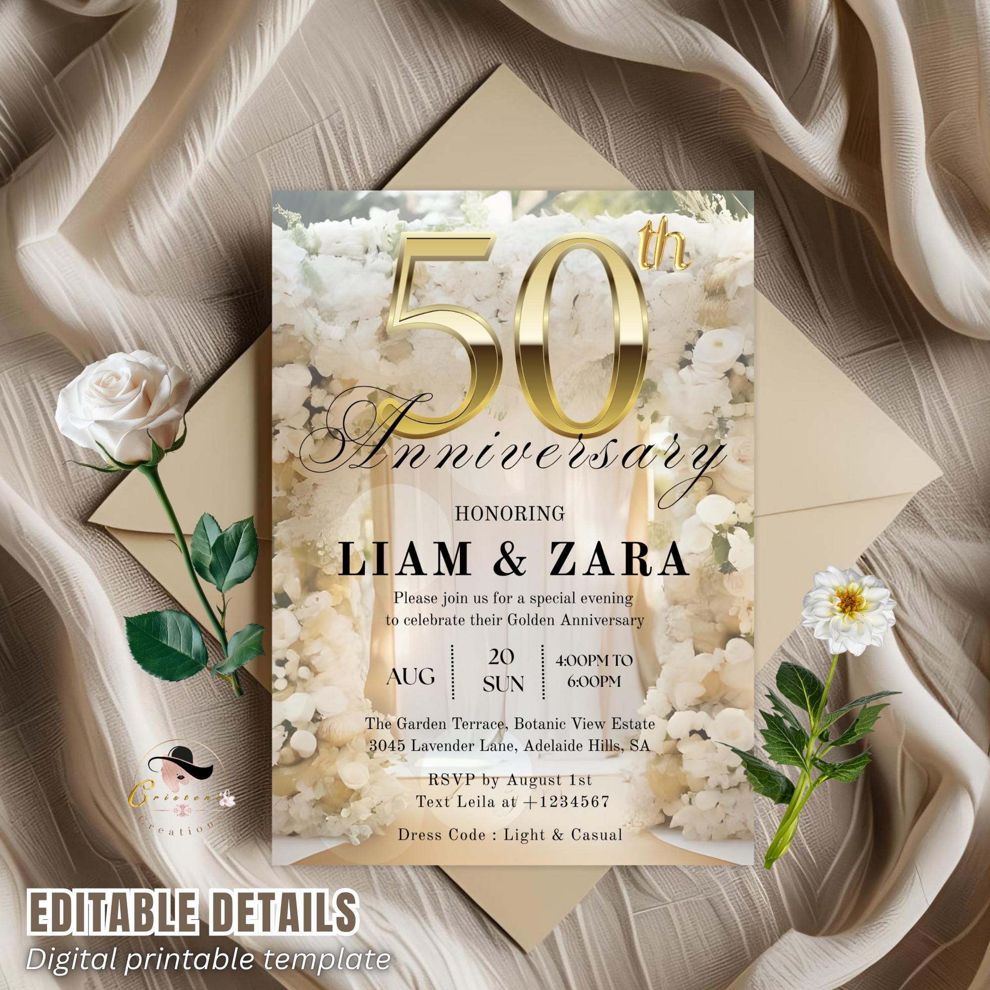 Editable 50th Anniversary Invitation Golden Wedding Anniversary party invite Digital 50th Birthday Dinner card Printable Floral Template