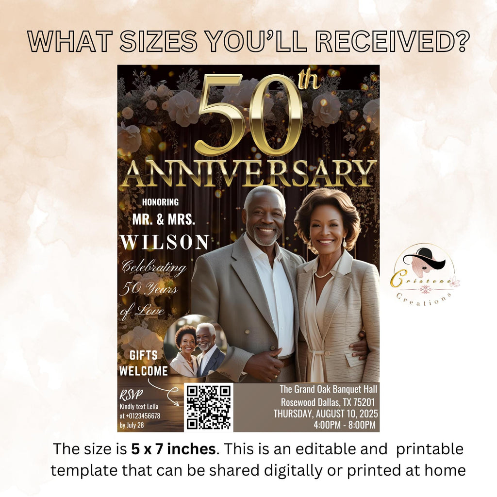 Digital 50th Anniversary invitation Black gold Wedding Anniversary party with photo invite Golden 50th Anniversary card Printable Template
