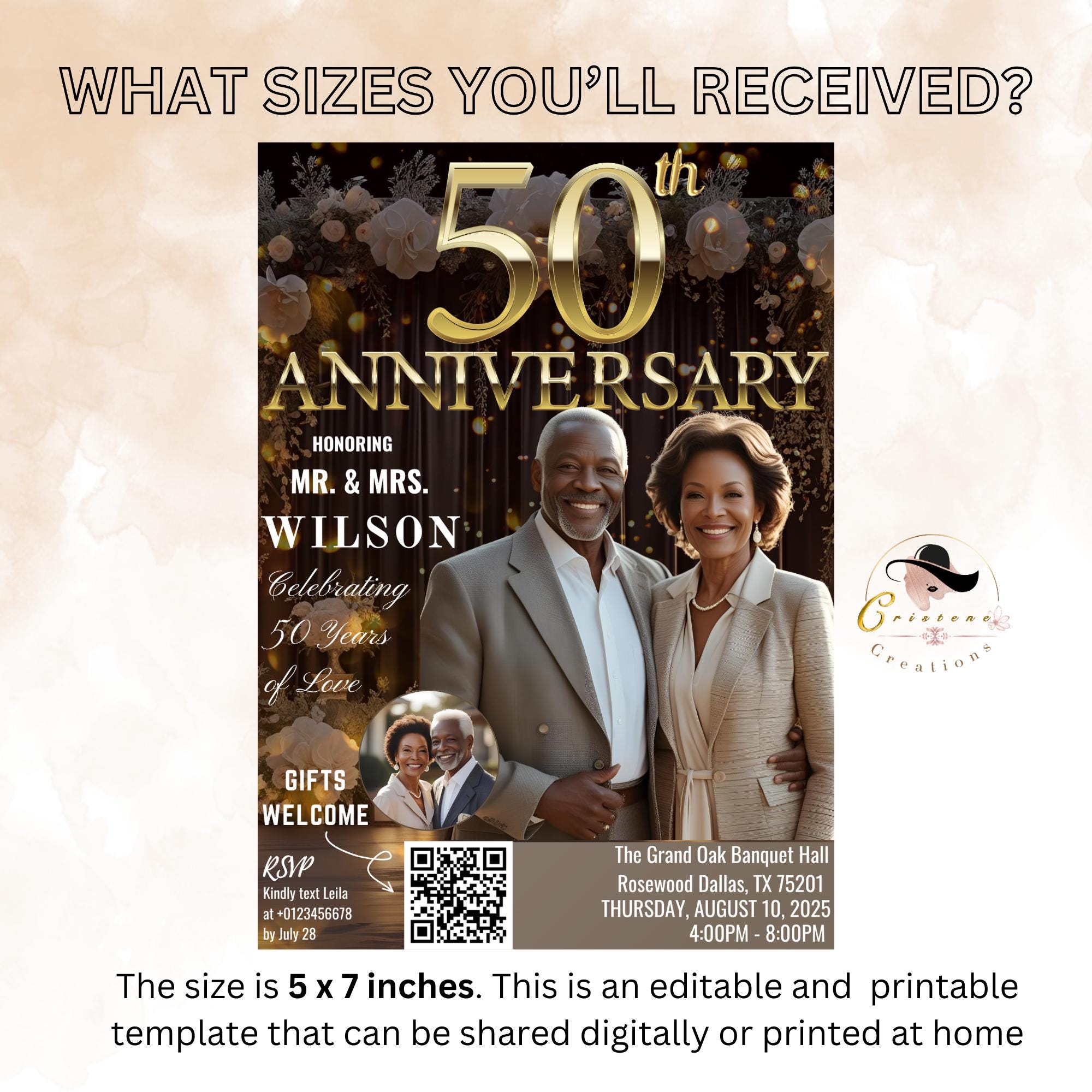 Digital 50th Anniversary invitation Black gold Wedding Anniversary party with photo invite Golden 50th Anniversary card Printable Template