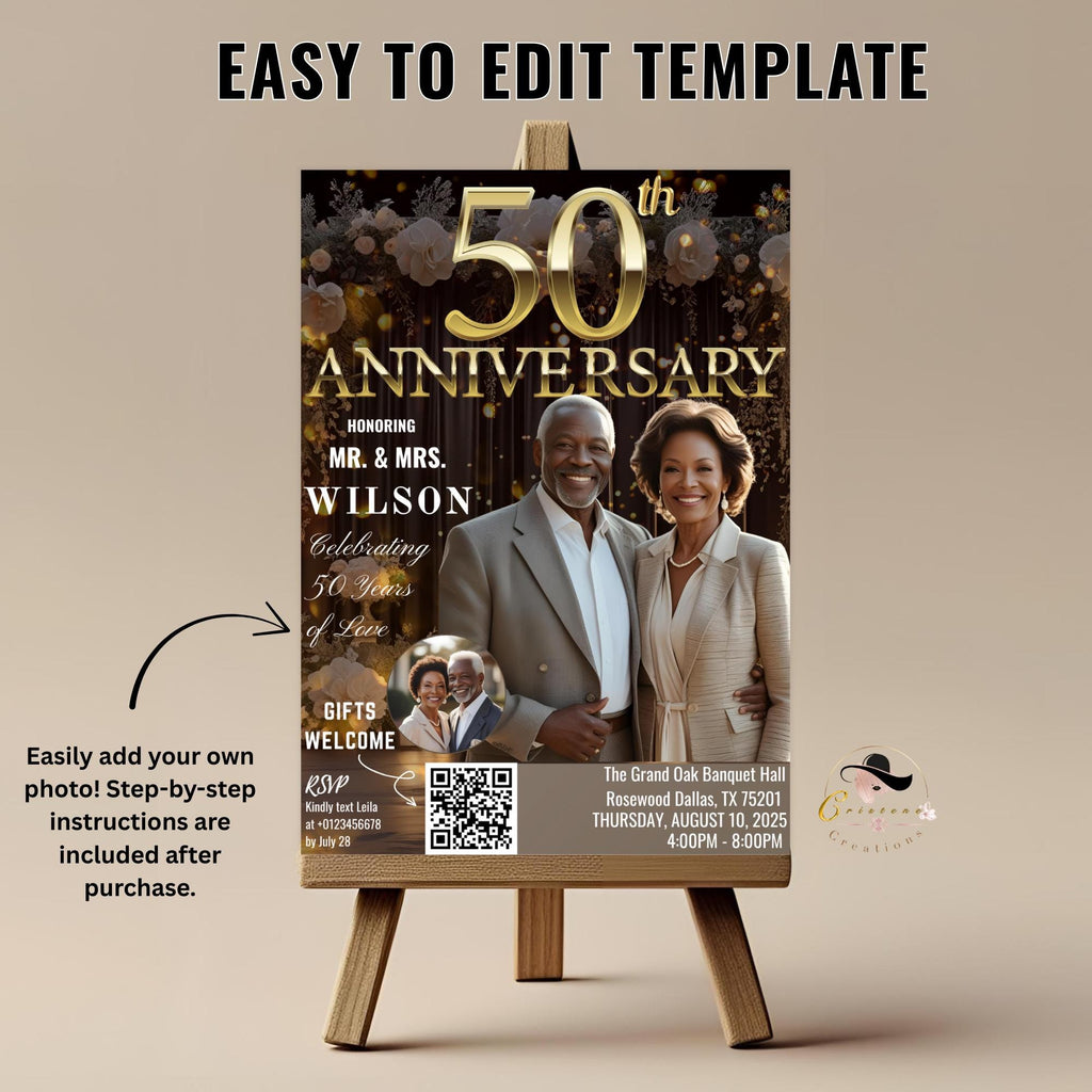 Digital 50th Anniversary invitation Black gold Wedding Anniversary party with photo invite Golden 50th Anniversary card Printable Template
