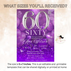 Digital 60th Birthday invitation women Purple silver 60th birthday cards for sixty year old grandma 60th birthday dinner party invite