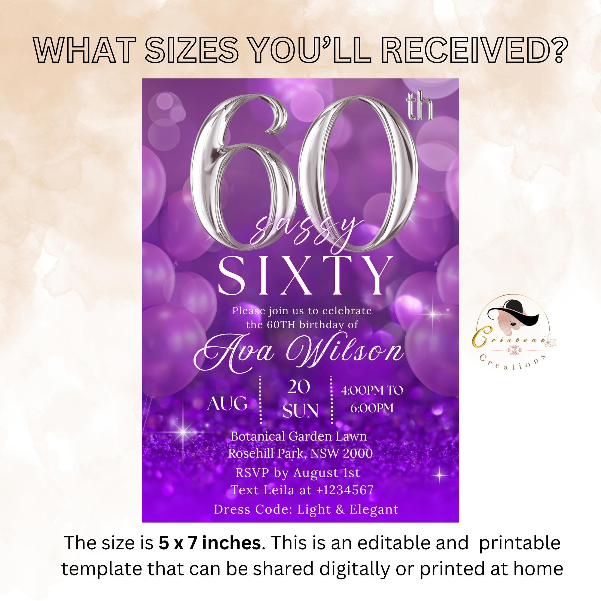 Digital 60th Birthday invitation women Purple silver 60th birthday cards for sixty year old grandma 60th birthday dinner party invite