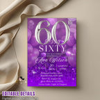Digital 60th Birthday invitation women Purple silver 60th birthday cards for sixty year old grandma 60th birthday dinner party invite