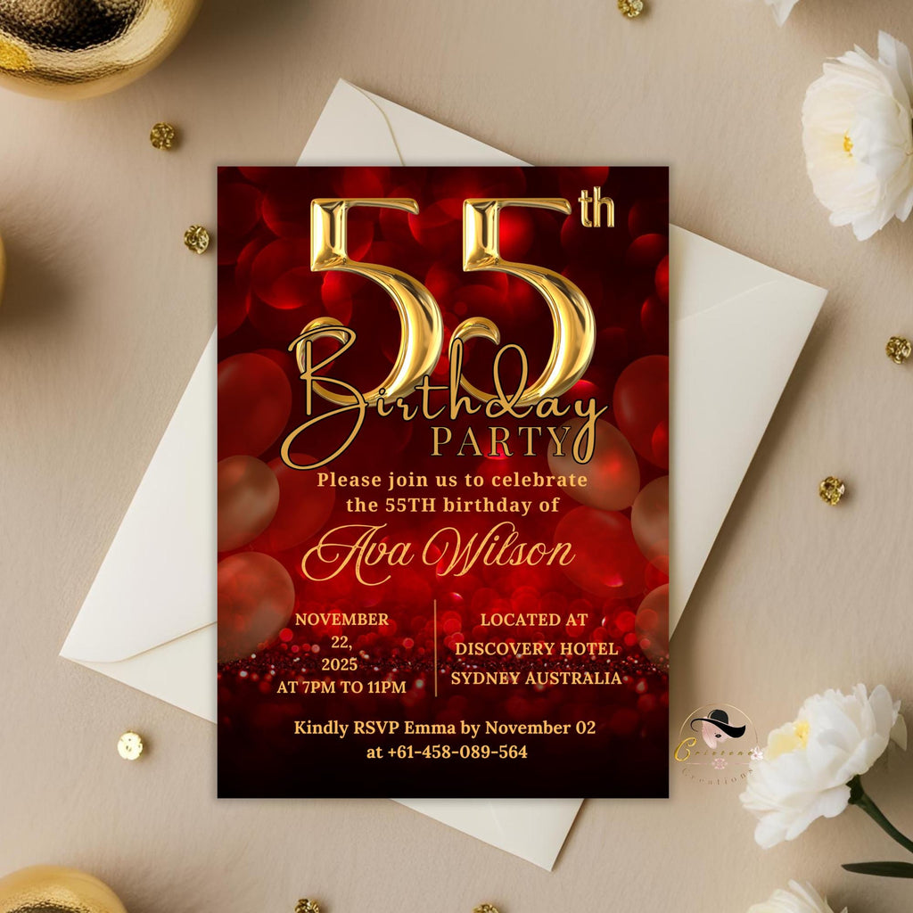 Digital 55th Birthday invitation women Red Gold 55th birthday party card 55 and fabulous Dinner invite Cheers to 55 years Printable template
