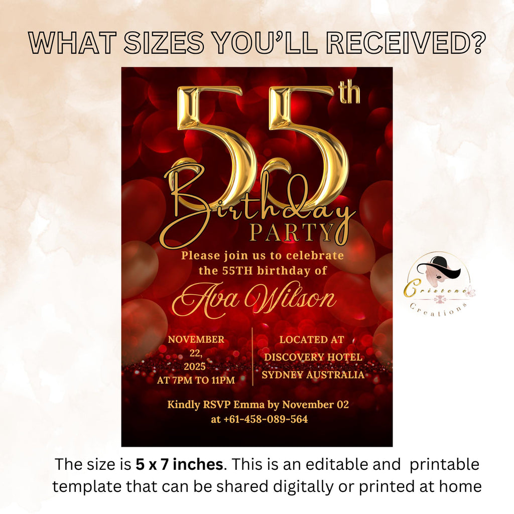 Digital 55th Birthday invitation women Red Gold 55th birthday party card 55 and fabulous Dinner invite Cheers to 55 years Printable template