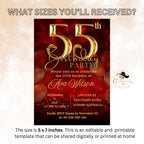 Digital 55th Birthday invitation women Red Gold 55th birthday party card 55 and fabulous Dinner invite Cheers to 55 years Printable template