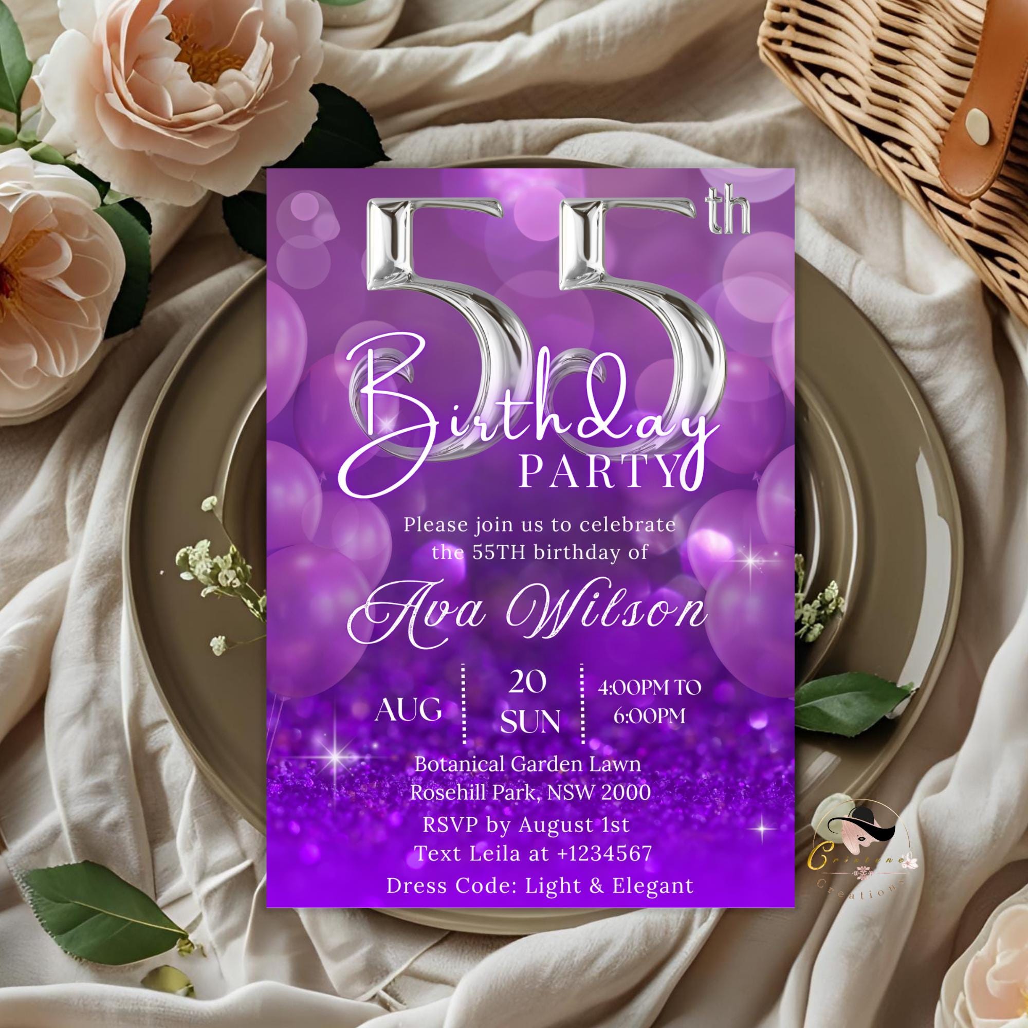 55th Birthday invitation women Purple Digital 55th birthday party card 55 and fabulous dinner invite Cheers to 55 years Printable Template
