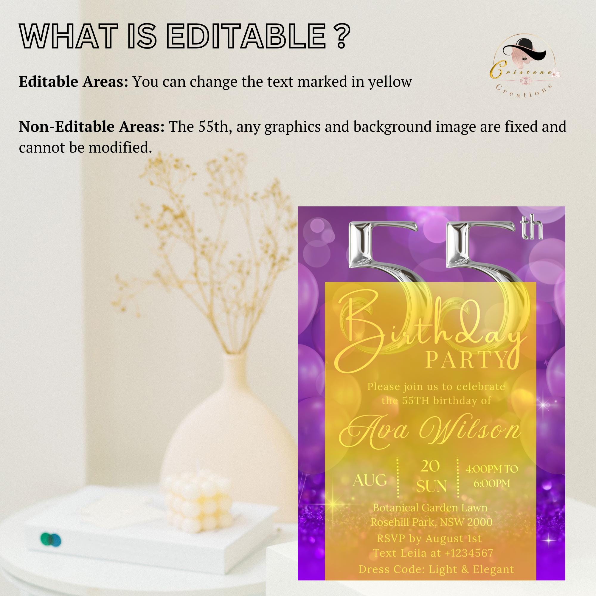 55th Birthday invitation women Purple Digital 55th birthday party card 55 and fabulous dinner invite Cheers to 55 years Printable Template