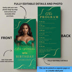 Editable Birthday Program template Green, Retirement Program party, Photo Anniversary Program, Printable Gold Event programme card 80th 60th
