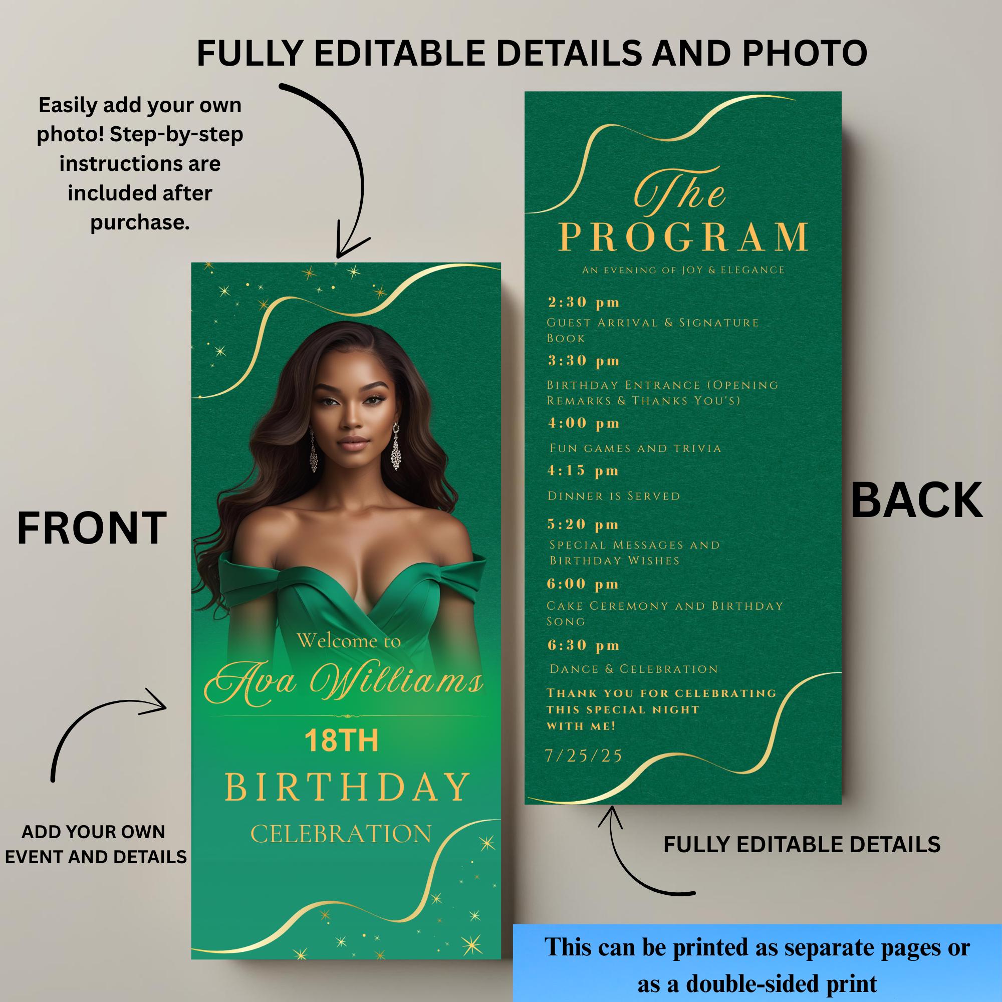 Editable Birthday Program template Green, Retirement Program party, Photo Anniversary Program, Printable Gold Event programme card 80th 60th