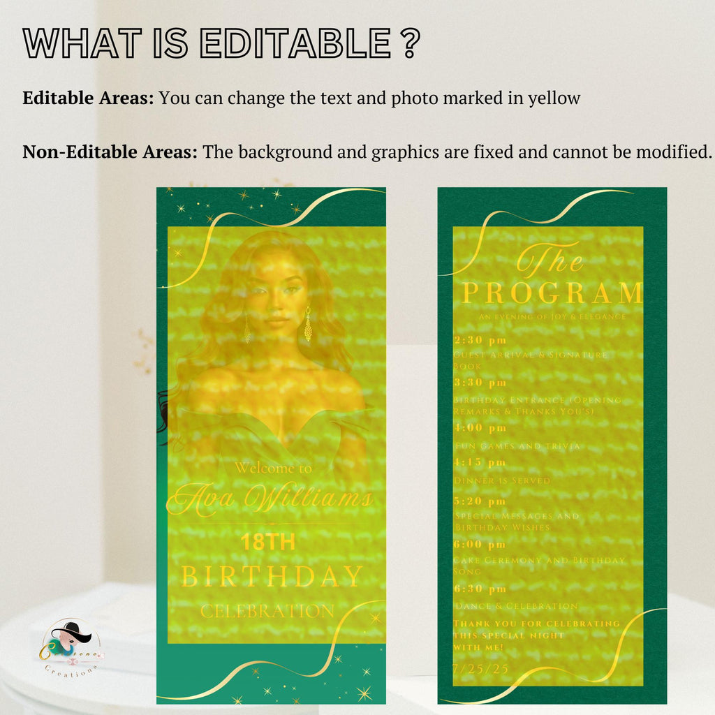 Editable Birthday Program template Green, Retirement Program party, Photo Anniversary Program, Printable Gold Event programme card 80th 60th