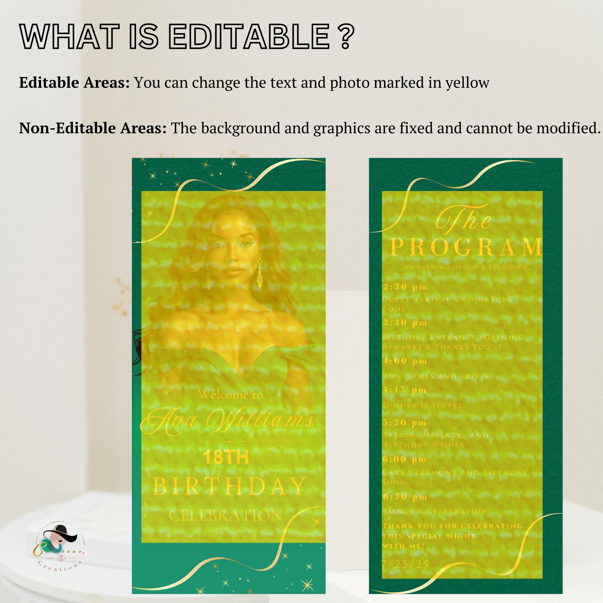 Editable Birthday Program template Green, Retirement Program party, Photo Anniversary Program, Printable Gold Event programme card 80th 60th