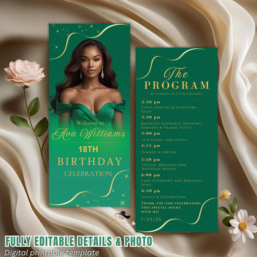 Editable Birthday Program template Green, Retirement Program party, Photo Anniversary Program, Printable Gold Event programme card 80th 60th