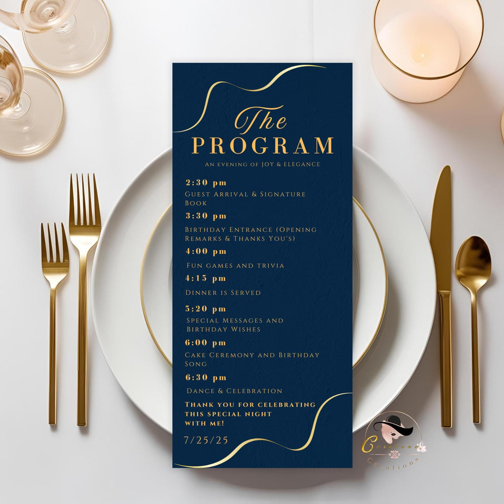 Birthday Program template Navy Blue Program card wedding Event Programme, Retirement Party program design with picture Anniversary program