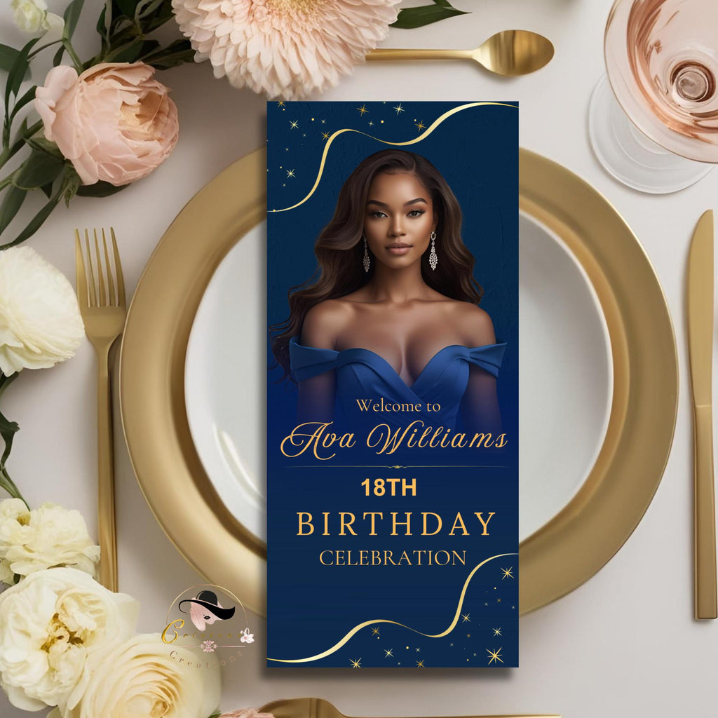 Birthday Program template Navy Blue Program card wedding Event Programme, Retirement Party program design with picture Anniversary program