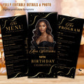 Editable Menu and Program Template Black gold Birthday menu with picture Dinner Menu card printable, Anniversary program party trifold menu