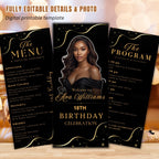 Editable Menu and Program Template Black gold Birthday menu with picture Dinner Menu card printable, Anniversary program party trifold menu