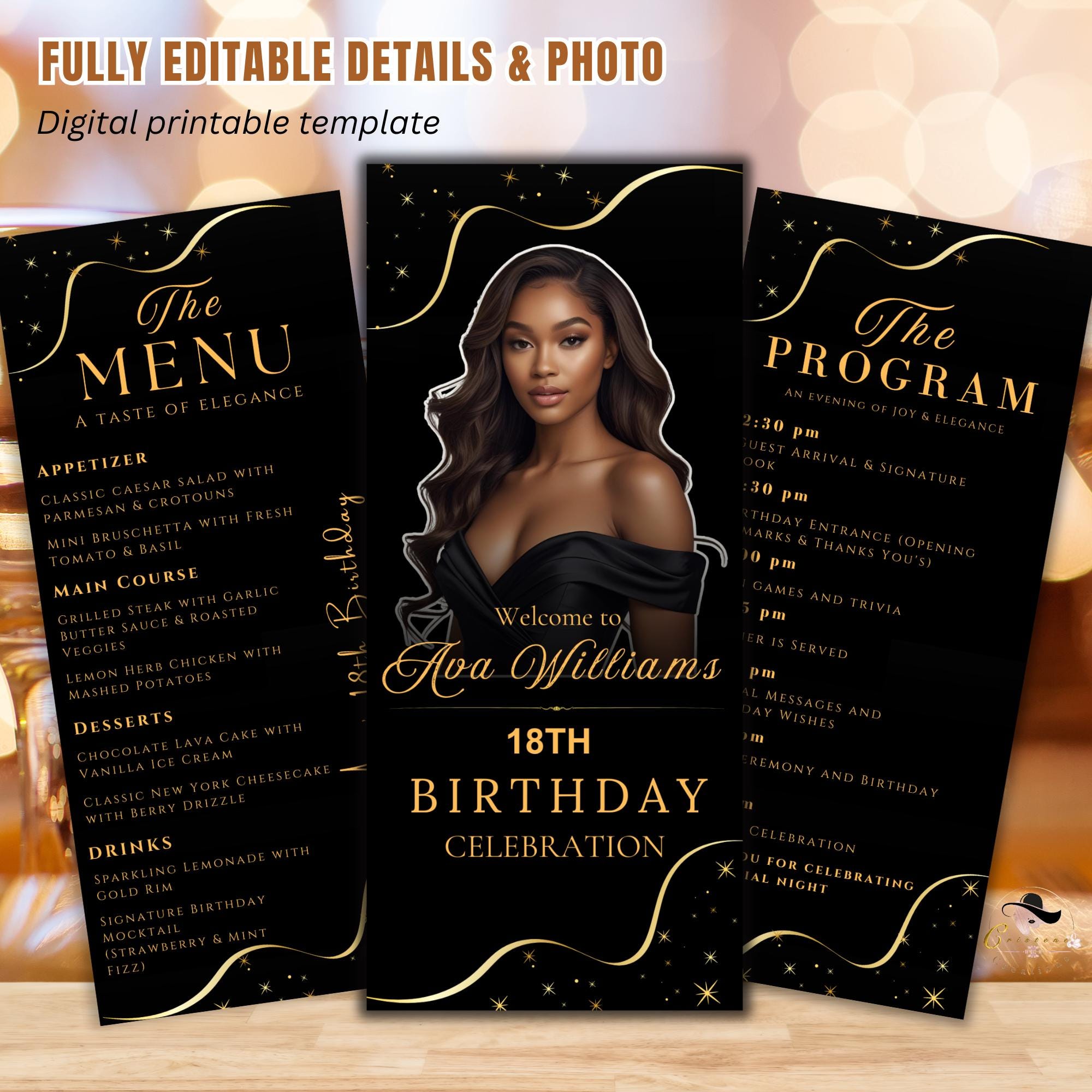 Editable Menu and Program Template Black gold Birthday menu with picture Dinner Menu card printable, Anniversary program party trifold menu