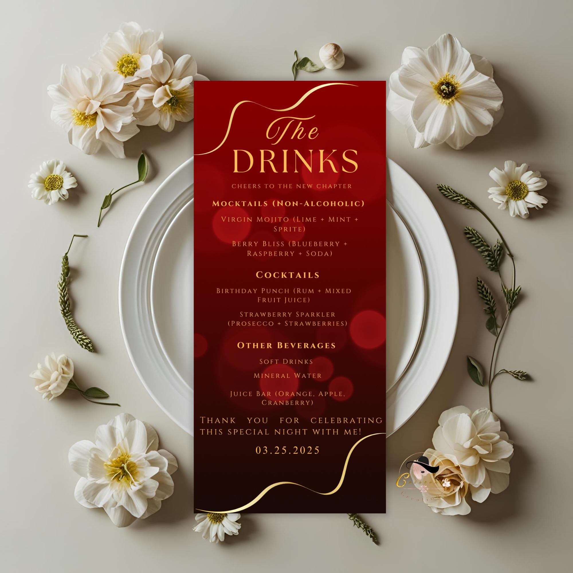 Editable Birthday Dinner Menu and Drinks template Red gold Menu card with picture Elegant party menu Printable Brunch Anniversary Menu Drink