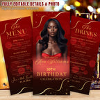 Editable Birthday Dinner Menu and Drinks template Red gold Menu card with picture Elegant party menu Printable Brunch Anniversary Menu Drink