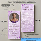 Retirement Program Template Purple program card printable Birthday party program with picture, Elegant Anniversary programme Event schedule