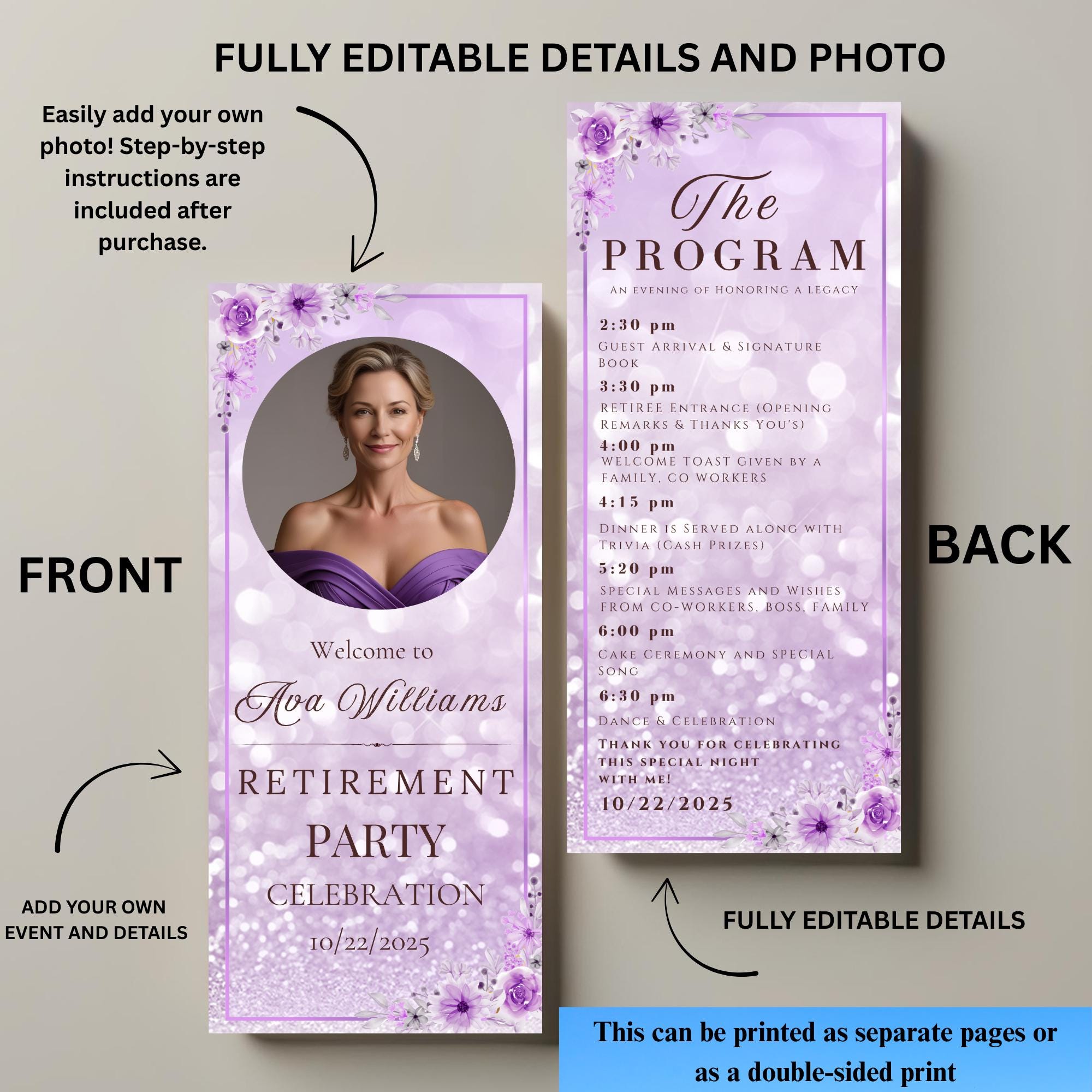 Retirement Program Template Purple program card printable Birthday party program with picture, Elegant Anniversary programme Event schedule