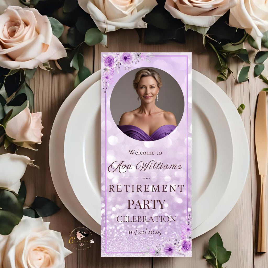 Retirement Program Template Purple program card printable Birthday party program with picture, Elegant Anniversary programme Event schedule