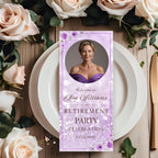Retirement Program Template Purple program card printable Birthday party program with picture, Elegant Anniversary programme Event schedule