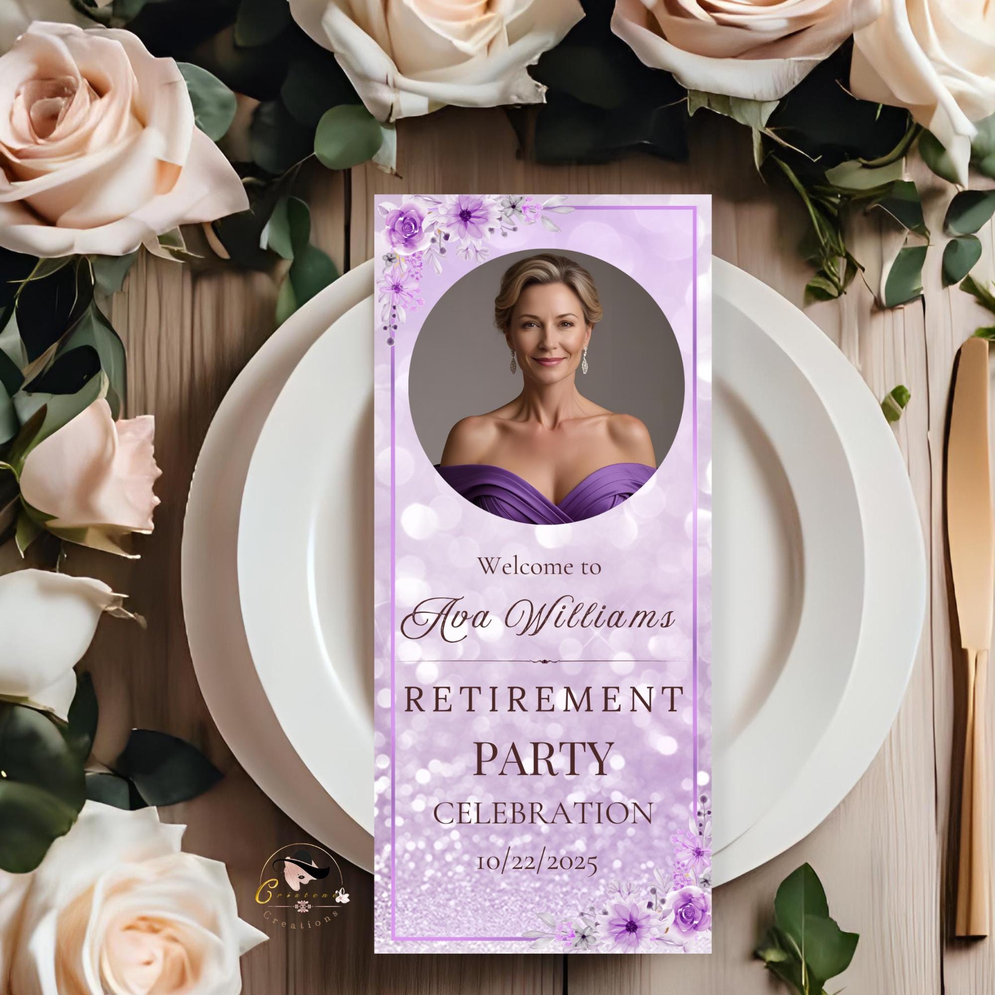 Retirement Program Template Purple program card printable Birthday party program with picture, Elegant Anniversary programme Event schedule