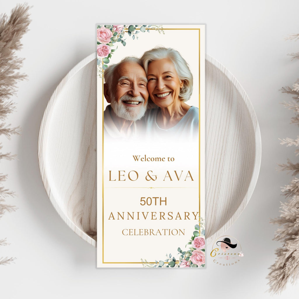 Golden Anniversary Program Template 50th Wedding Anniversary program card printable Birthday party program with picture White gold Program