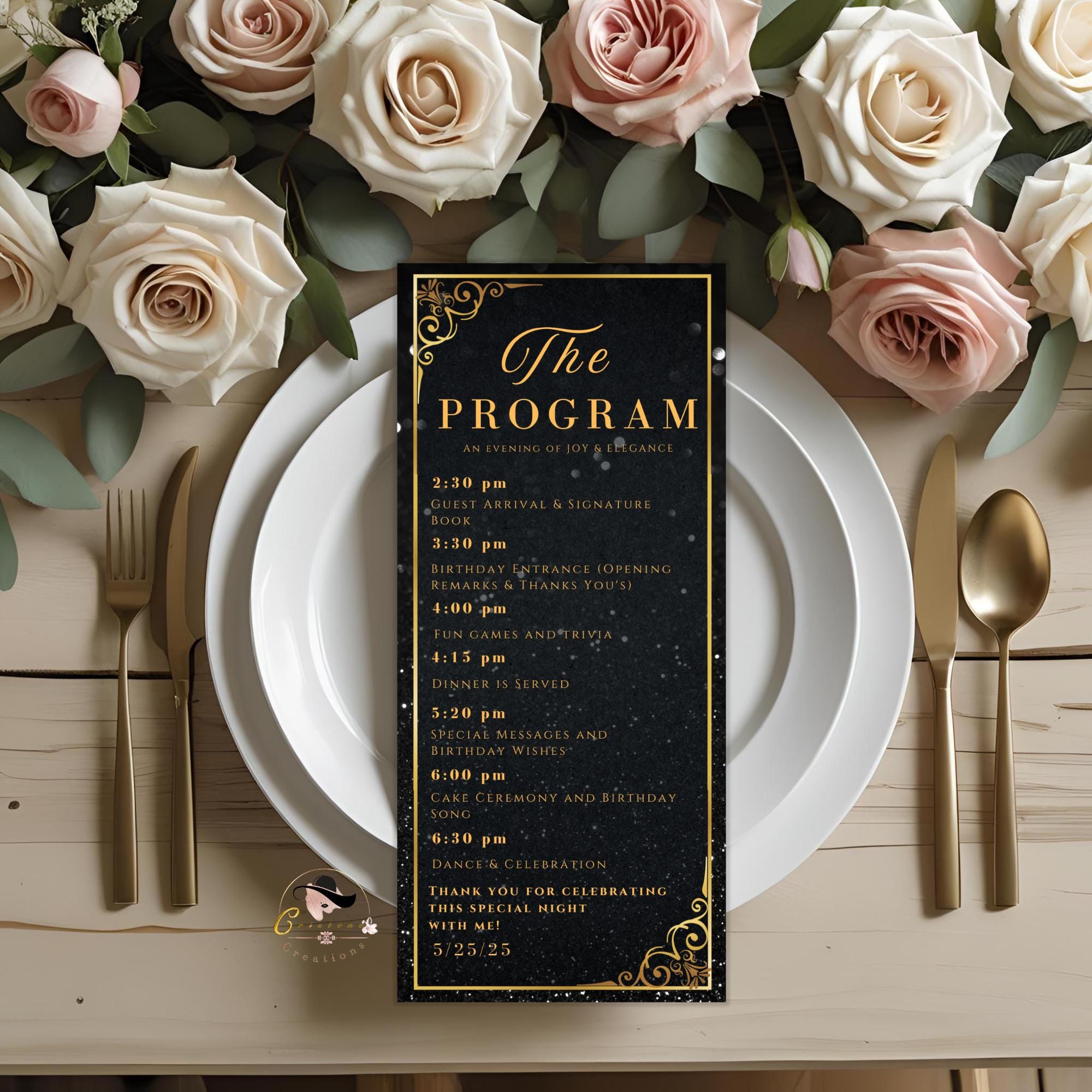 Editable Menu and Program Template Black gold Birthday party menu Retirement Program party Dinner menu Bachelorrete Program cards Printable