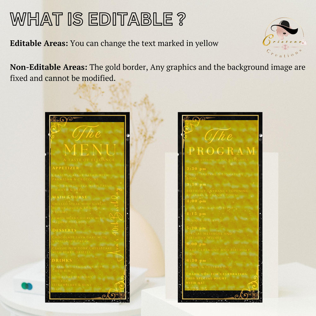 Editable Menu and Program Template Black gold Birthday party menu Retirement Program party Dinner menu Bachelorrete Program cards Printable